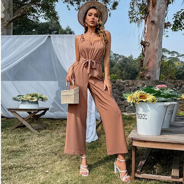 Hollow Strap Jumpsuit with Plunging Neckline and Bold Detailing - LauBelle