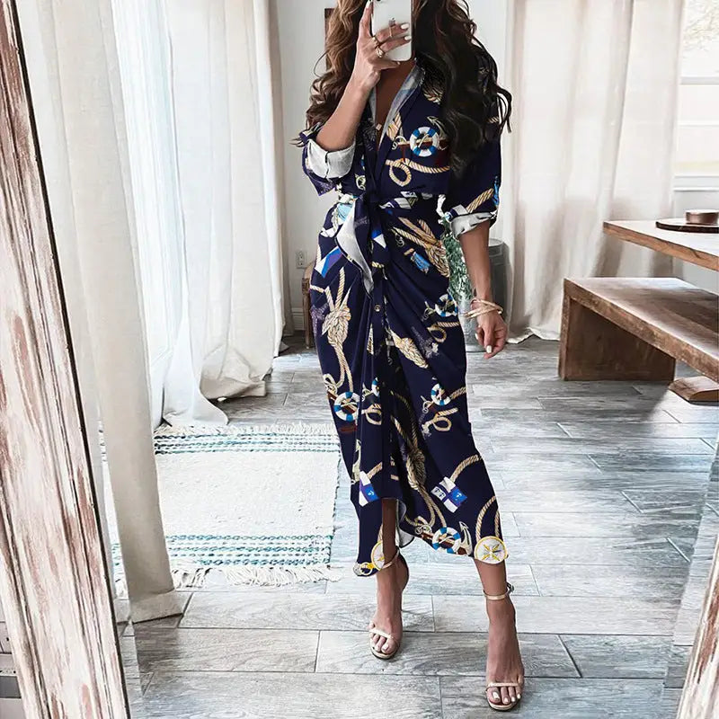 European American Print Shirt Dress with Lace Up Detail - LauBelle Brand