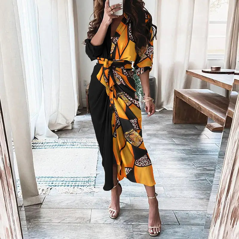 European American Print Shirt Dress with Lace Up Detail - LauBelle Brand