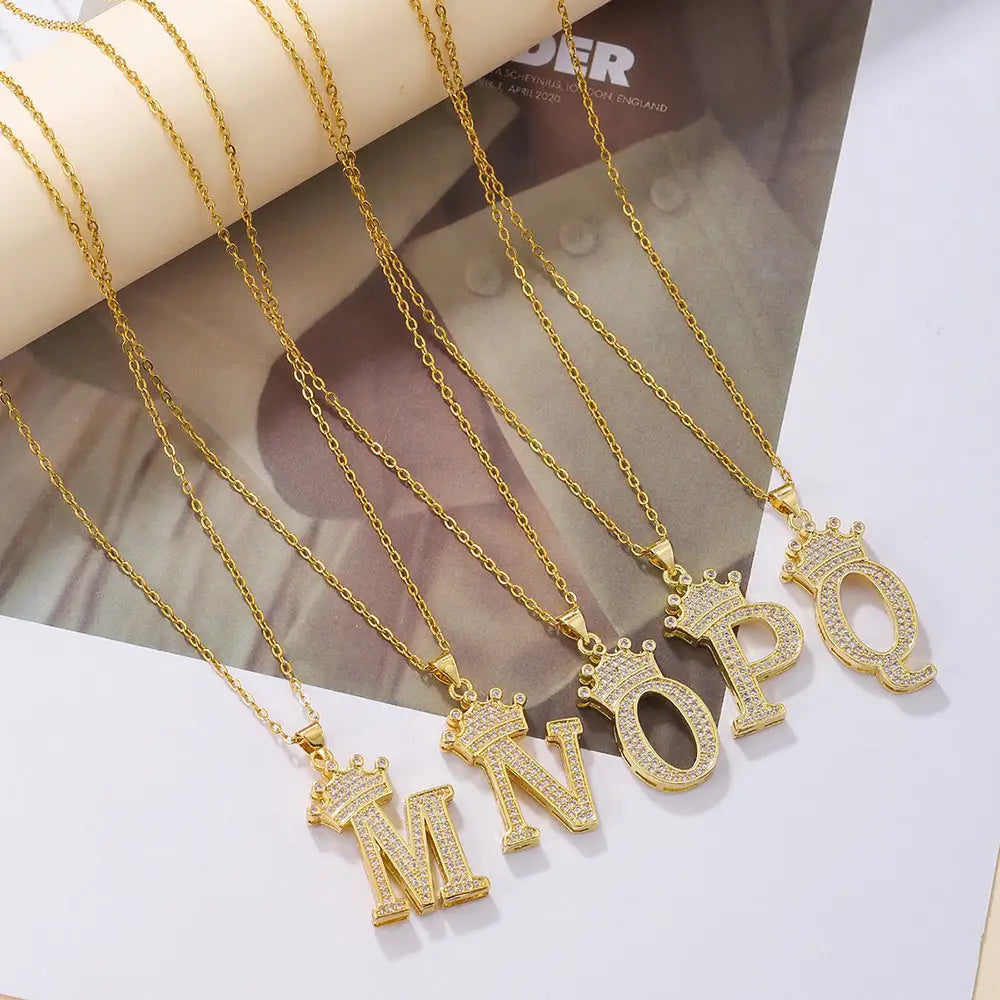 Diamond Crown Letter Necklace Set with Sparkling Pendant - LauBelle