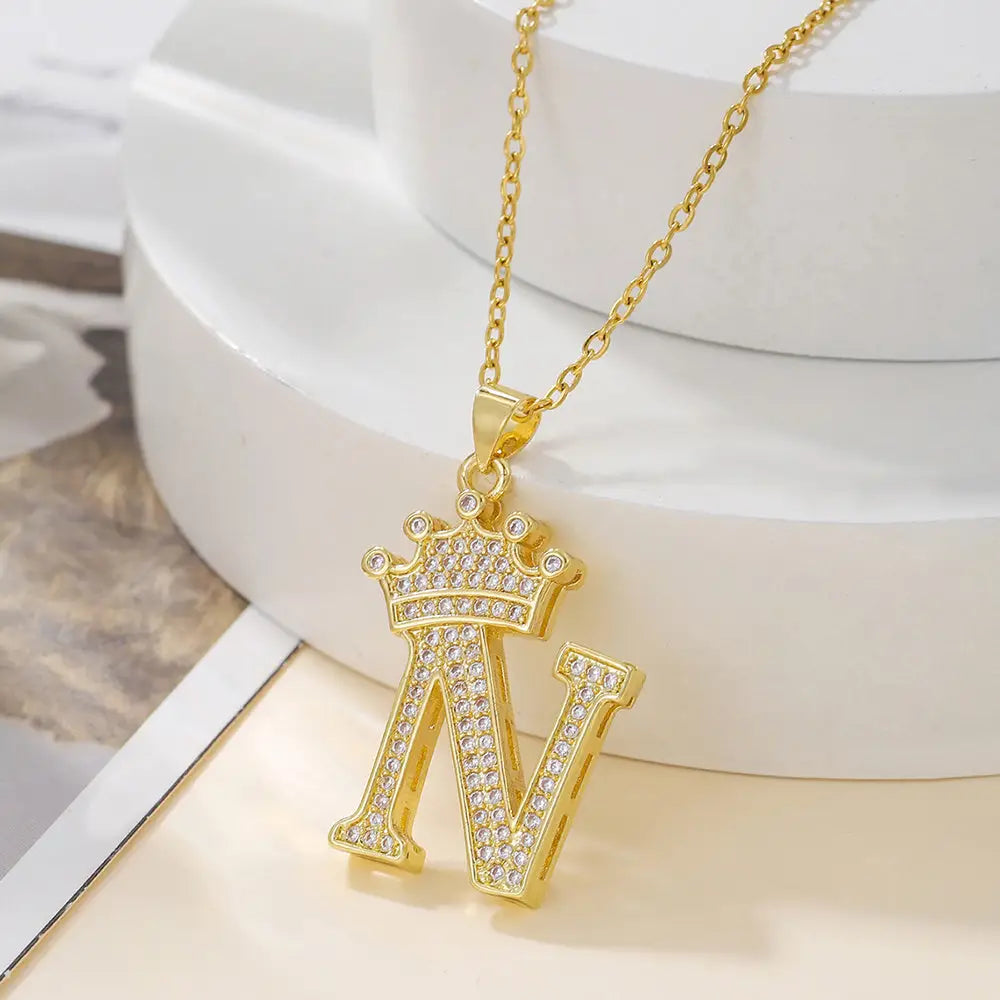 Diamond Crown Letter Necklace Set with Sparkling Pendant - LauBelle