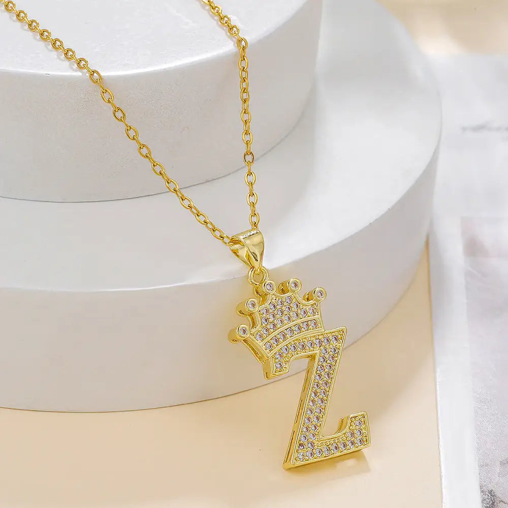 Diamond Crown Letter Necklace Set with Sparkling Pendant - LauBelle