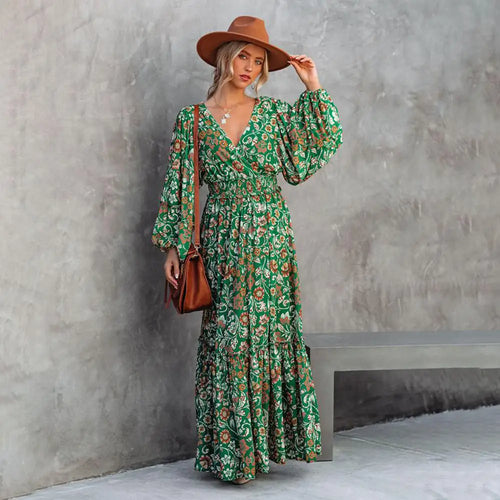Fashion Printed Lantern Long-Sleeved Dress with Unique Stitching Details - LauBelle