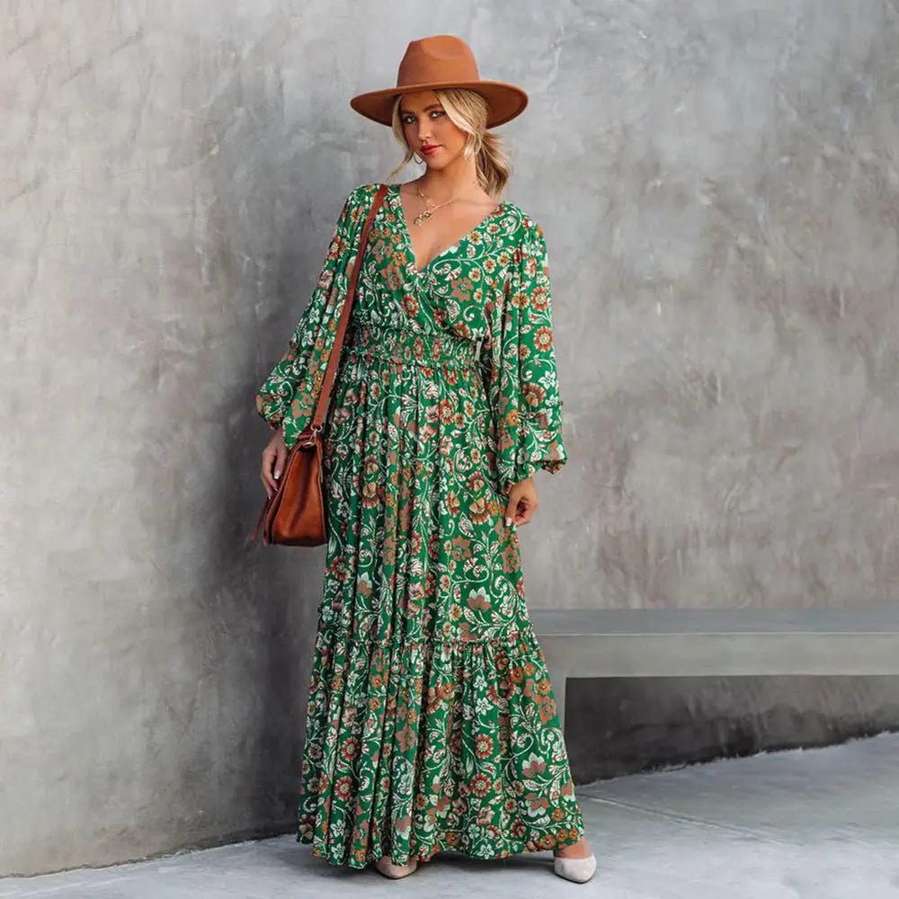 Fashion Printed Lantern Long-Sleeved Dress with Unique Stitching Details - LauBelle