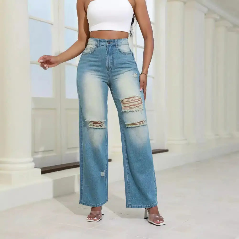 Chic High-Waist Ripped Jeans for Women - LauBelle