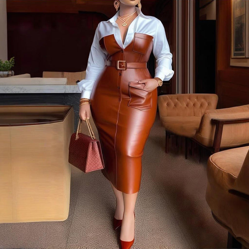 Chic V-Neck Belted Bodycon Midi Dress with Leather Trim - LauBelle Brand