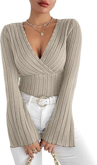 Ribbed V-Neck Flare Sleeve Slim Autumn Top for Women - LauBelle