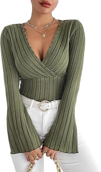 Ribbed V-Neck Flare Sleeve Slim Autumn Top for Women - LauBelle Brand