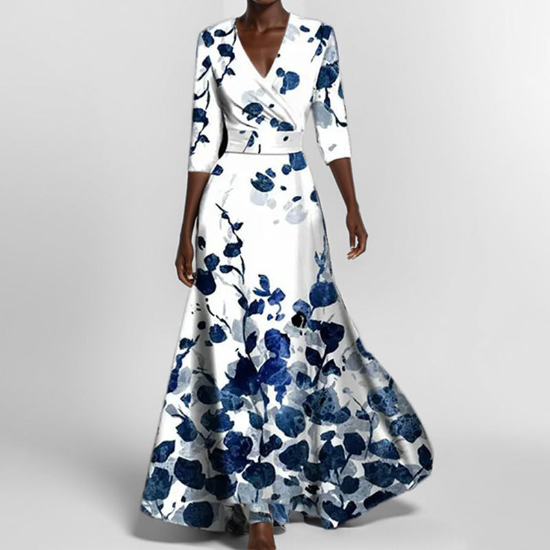 VoguePrint Slim V-Neck Half-Sleeve Waist Dress - LauBelle Brand