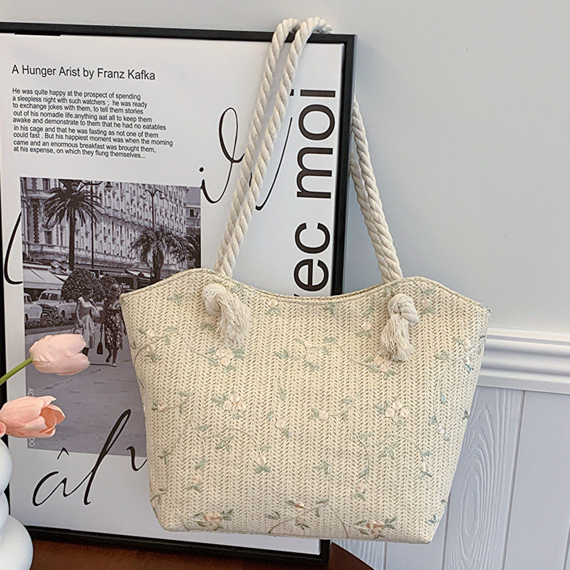 Floral Lace Straw Tote - Women's Trendy Shoulder Bag - LauBelle Brand