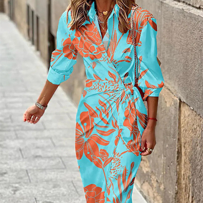 Chic Print Belted Slim Shirt Dress—3/4 Sleeve Lapel - LauBelle