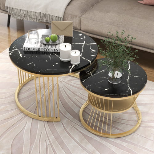Moderne Nesting Coffee Table Set with Marble Veneer Round Design