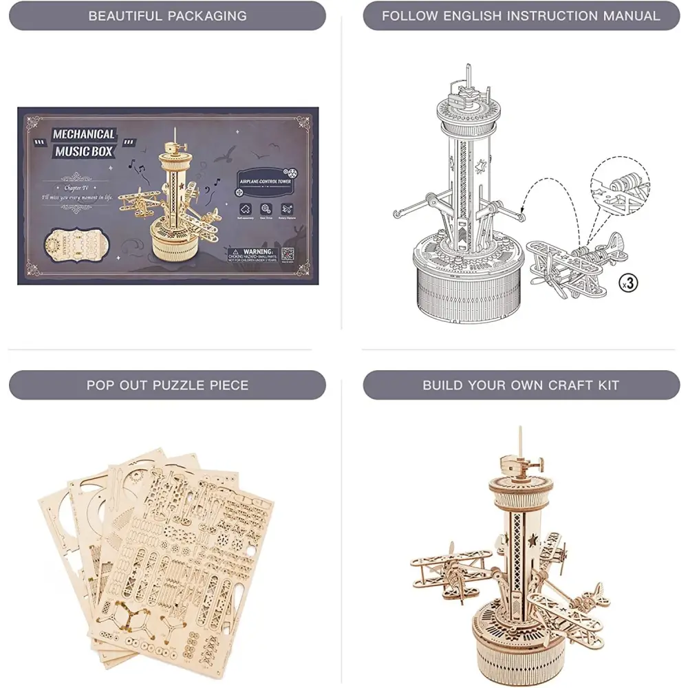 Robotime ROKR 3D Wooden Puzzle for Adults – DIY Music Box Model Kit to Build, Self-Assembly Airplane & Control Tower Building Set - LauBelle Brand