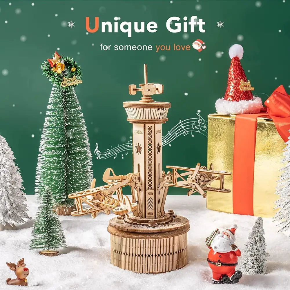 Robotime ROKR 3D Wooden Puzzle for Adults – DIY Music Box Model Kit to Build, Self-Assembly Airplane & Control Tower Building Set - LauBelle Brand