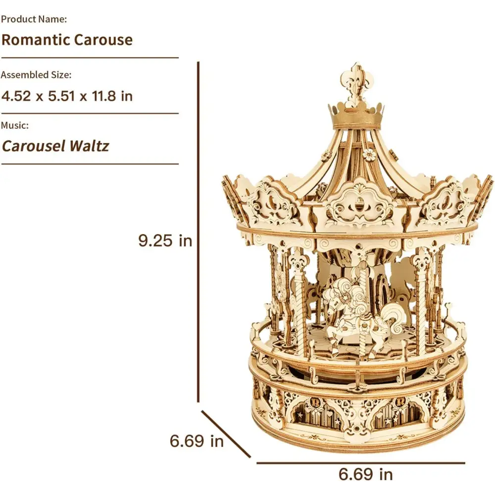 Robotime Rokr 3D Wooden Puzzles Construction Model Kit 336 Pieces Rotating - Romantic Carousel - LauBelle Brand