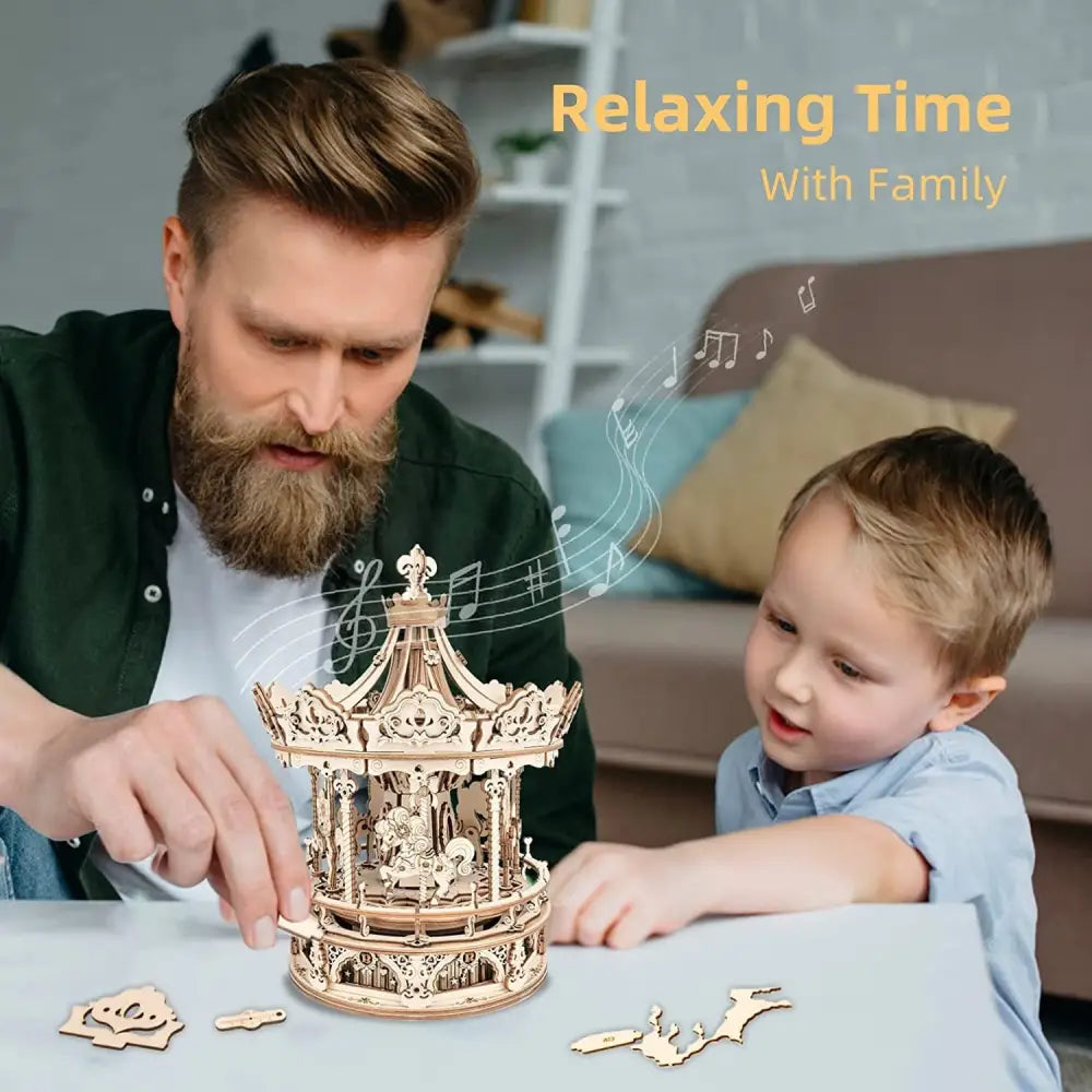 Robotime Rokr 3D Wooden Puzzles Construction Model Kit 336 Pieces Rotating - Romantic Carousel - LauBelle Brand