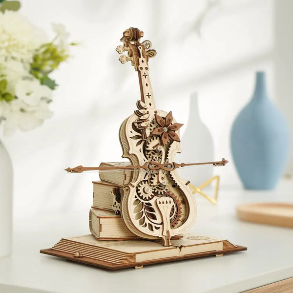 Retro Cello Music Box Puzzle with European Engraving and Floral Detail - LauBelle