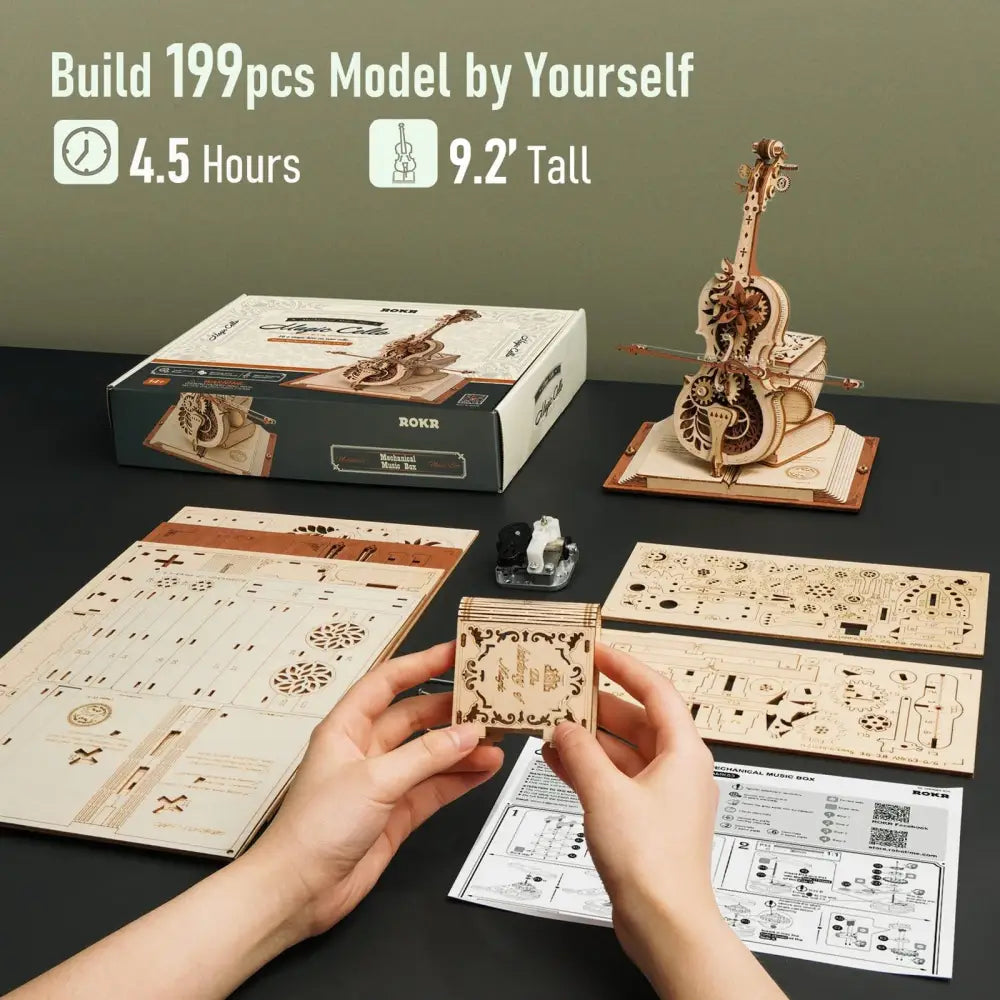Retro Cello Music Box Puzzle with European Engraving and Floral Detail - LauBelle Brand