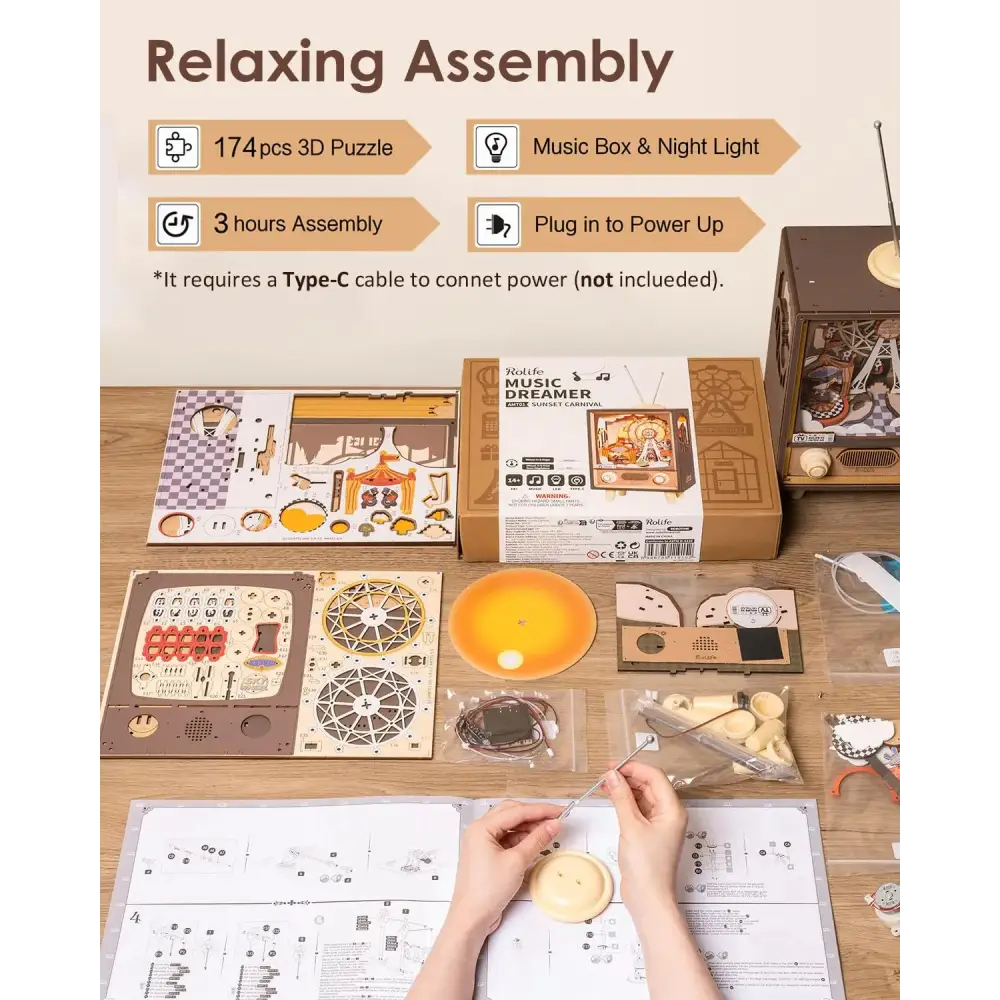 Robotime Rolife Sunset Carnival Music Box – 3D Wooden Puzzle with Lights, Luxurious Design Toy & Home Decoration for Kids & Adults - LauBelle Brand