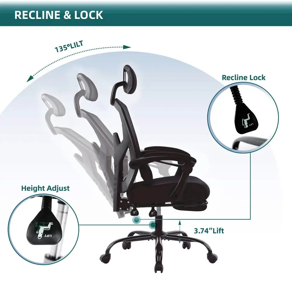 Retractable Footrest Ergonomic Swivel Office Chair With Lumbar Support Pillow And Padded Armrests - LauBelle Brand
