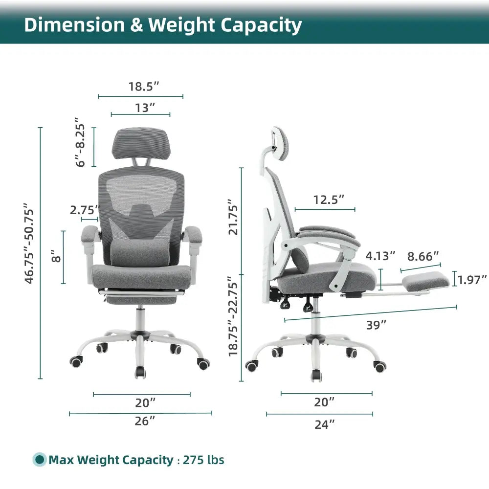 Retractable Footrest Ergonomic Swivel Office Chair With Lumbar Support Pillow And Padded Armrests - LauBelle Brand