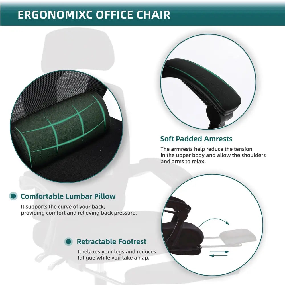 Retractable Footrest Ergonomic Swivel Office Chair With Lumbar Support Pillow And Padded Armrests - LauBelle Brand