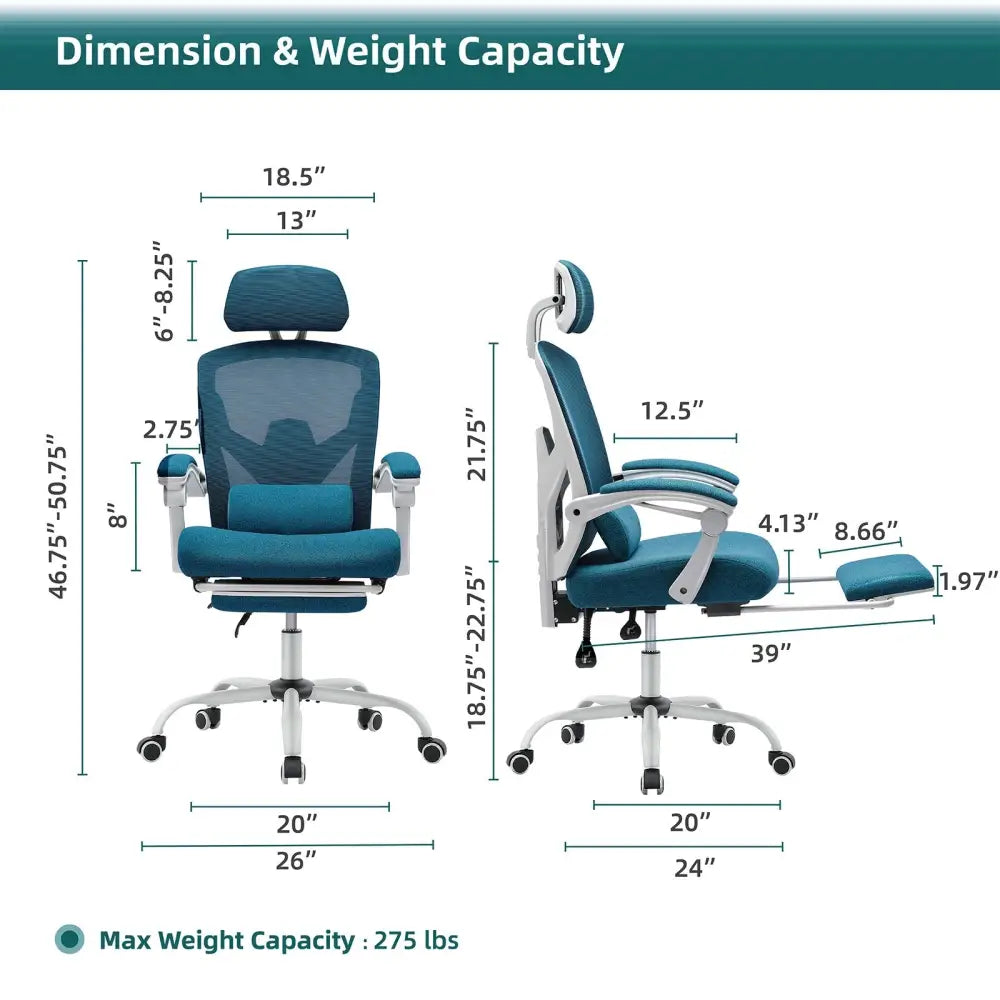 Retractable Footrest Ergonomic Swivel Office Chair With Lumbar Support Pillow And Padded Armrests - LauBelle Brand