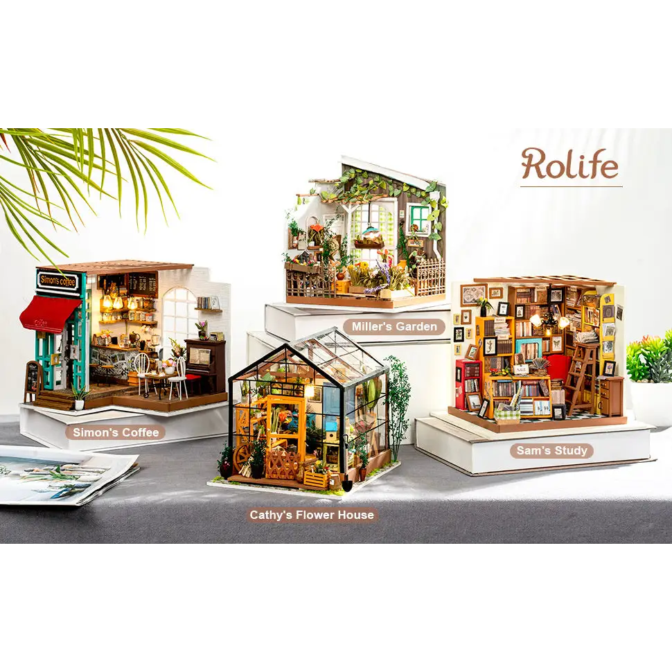 ROBOTIME Rolife DIY Miniature Dollhouse Kits – Wooden 3D Puzzle Houses with LED Lights & Furniture (Sam’s Study, Flower Garden, Cozy Living Room, Coffee House - LauBelle