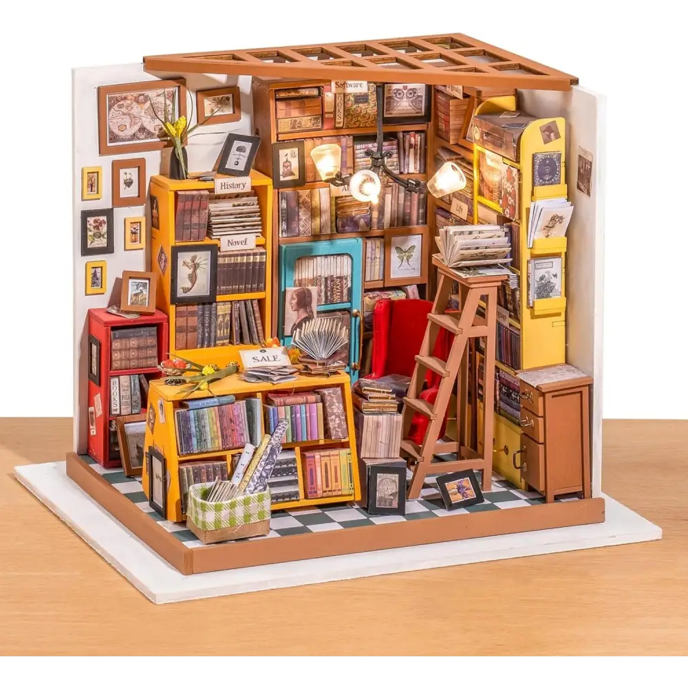 ROBOTIME Rolife DIY Miniature Dollhouse Kits – Wooden 3D Puzzle Houses with LED Lights & Furniture (Sam’s Study, Flower Garden, Cozy Living Room, Coffee House - LauBelle Brand