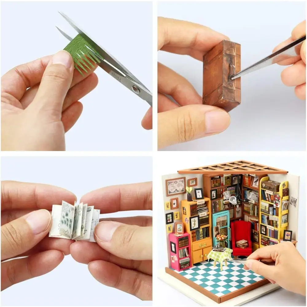 ROBOTIME Rolife DIY Miniature Dollhouse Kits – Wooden 3D Puzzle Houses with LED Lights & Furniture (Sam’s Study, Flower Garden, Cozy Living Room, Coffee House - LauBelle Brand