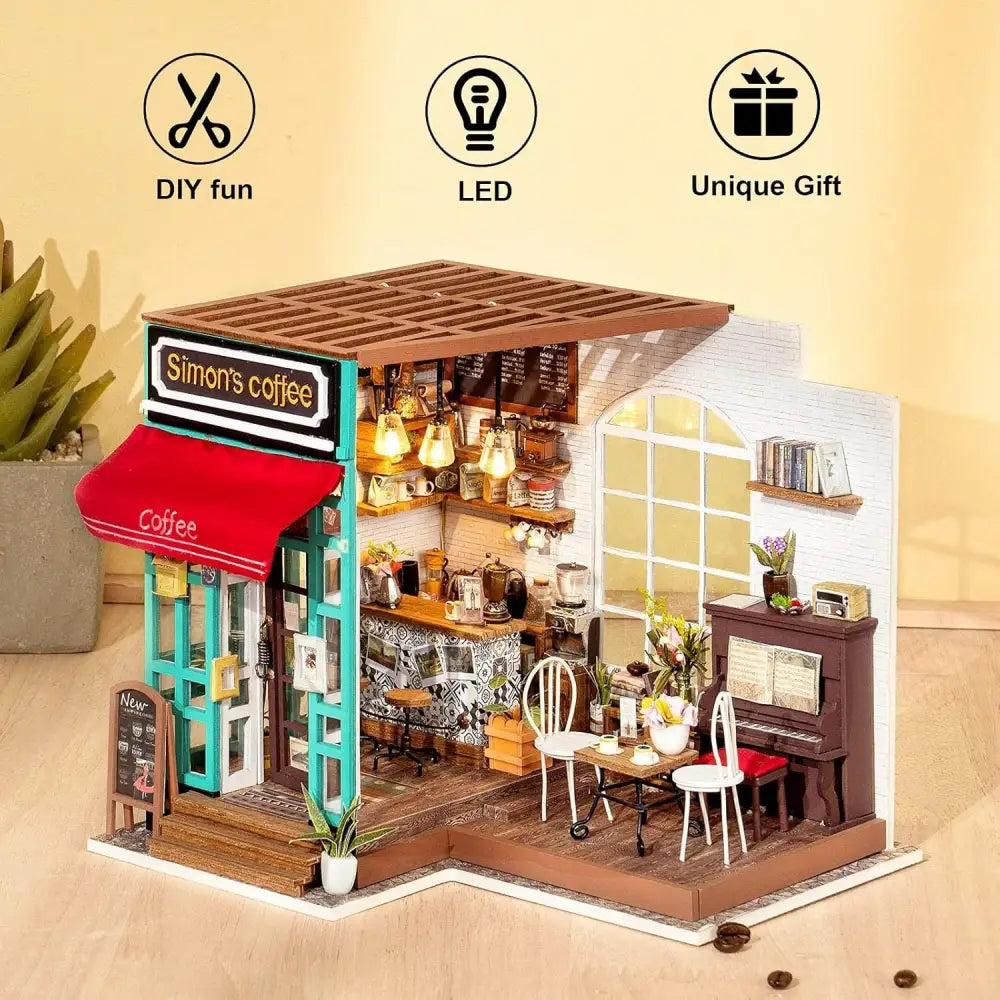 ROBOTIME Rolife DIY Miniature Dollhouse Kits – Wooden 3D Puzzle Houses with LED Lights & Furniture (Sam’s Study, Flower Garden, Cozy Living Room, Coffee House - LauBelle Brand