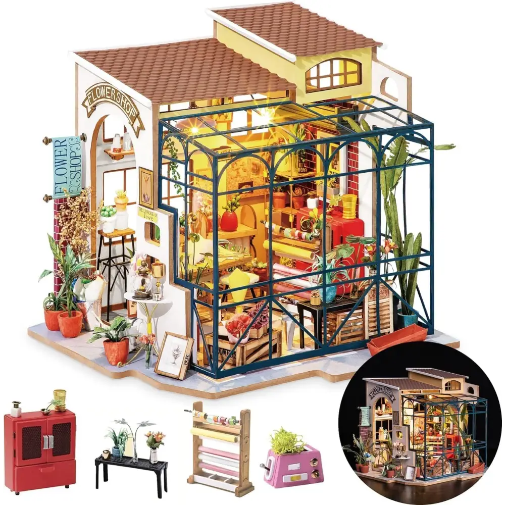 ROBOTIME Rolife DIY Miniature House Kit – Emily's Flower Shop, Wooden Mini House Building Kit with Furniture, LED Lighting & Accessories, DIY Miniature Dollhouse Kit - LauBelle