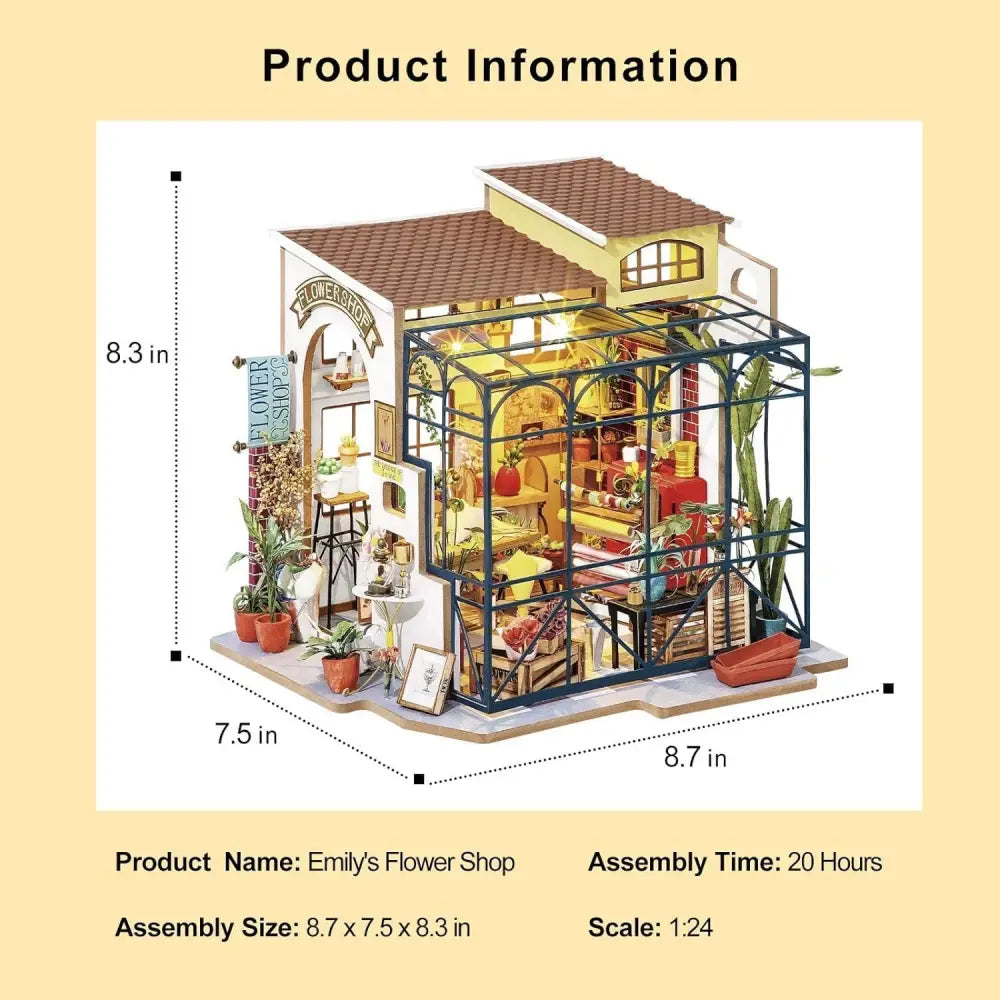ROBOTIME Rolife DIY Miniature House Kit – Emily's Flower Shop, Wooden Mini House Building Kit with Furniture, LED Lighting & Accessories, DIY Miniature Dollhouse Kit - LauBelle Brand
