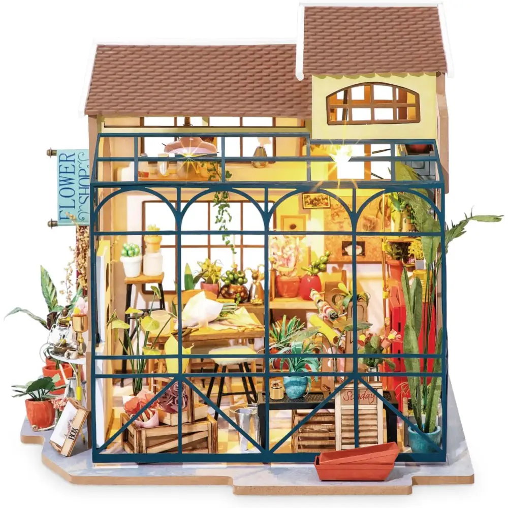 ROBOTIME Rolife DIY Miniature House Kit – Emily's Flower Shop, Wooden Mini House Building Kit with Furniture, LED Lighting & Accessories, DIY Miniature Dollhouse Kit - LauBelle Brand