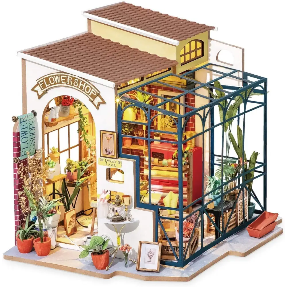 ROBOTIME Rolife DIY Miniature House Kit – Emily's Flower Shop, Wooden Mini House Building Kit with Furniture, LED Lighting & Accessories, DIY Miniature Dollhouse Kit - LauBelle Brand