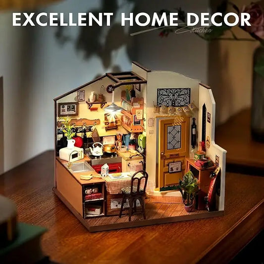 Rolife Happy kitchen Dollhouse Minature House DIY Wooden Puzzle with LED Light - LauBelle Brand