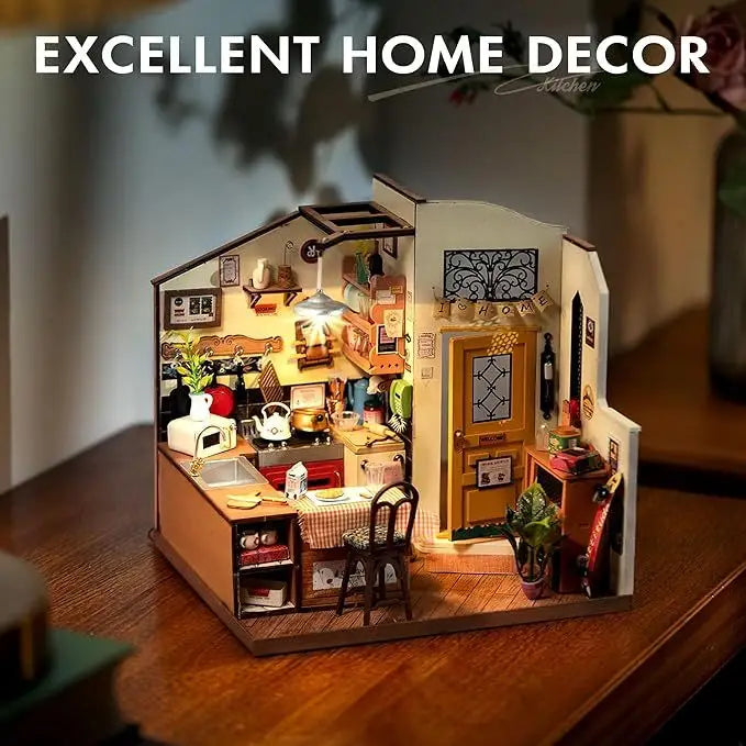 Rolife Happy kitchen Dollhouse Minature House DIY Wooden Puzzle with LED Light - LauBelle Brand