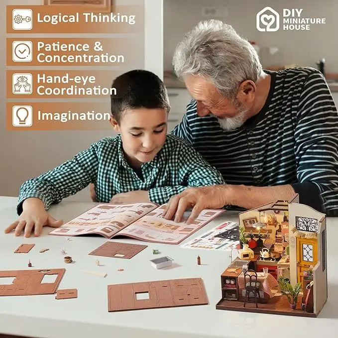 Rolife Happy kitchen Dollhouse Minature House DIY Wooden Puzzle with LED Light - LauBelle Brand