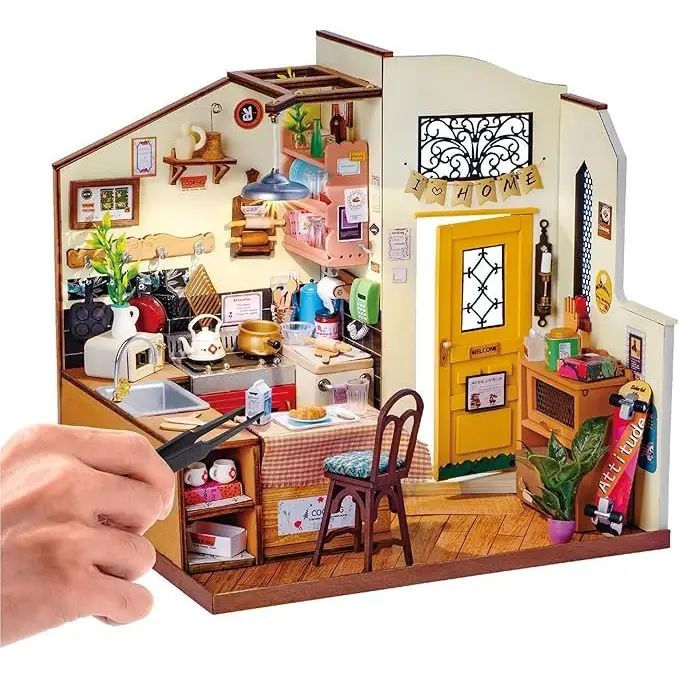 Rolife Happy kitchen Dollhouse Minature House DIY Wooden Puzzle with LED Light - LauBelle Brand