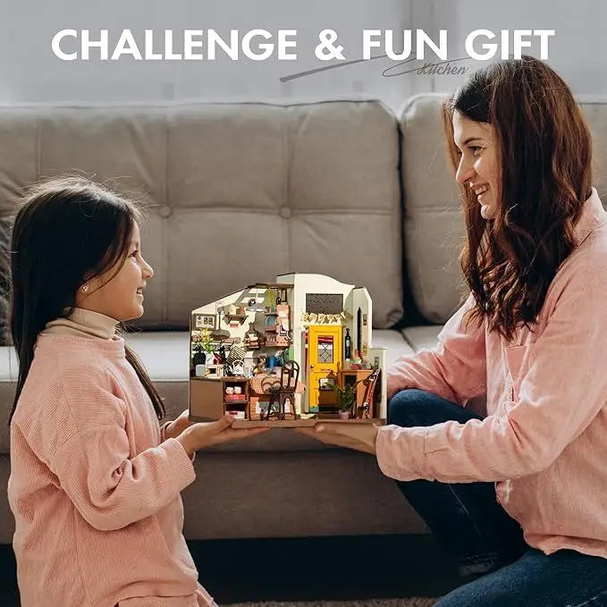 Rolife Happy kitchen Dollhouse Minature House DIY Wooden Puzzle with LED Light - LauBelle Brand