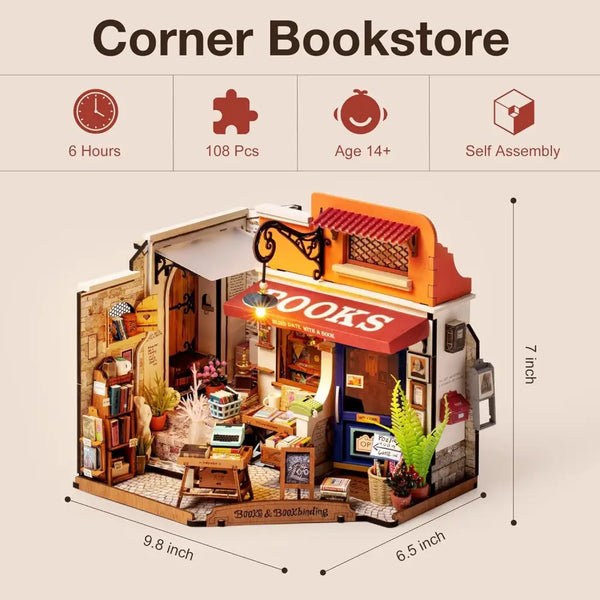 ROBOTIME DIY Miniature Corner Bookstore – 3D Wooden Dollhouse Puzzle Kit with 108 Pieces & LED Lights, Vintage Street Design for Adults & Kids - LauBelle