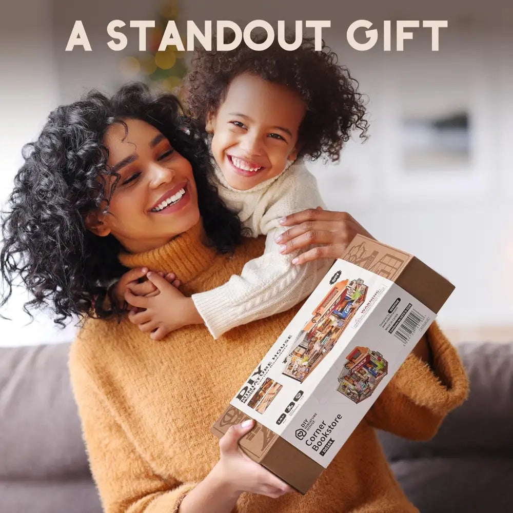 ROBOTIME DIY Miniature Corner Bookstore – 3D Wooden Dollhouse Puzzle Kit with 108 Pieces & LED Lights, Vintage Street Design for Adults & Kids - LauBelle