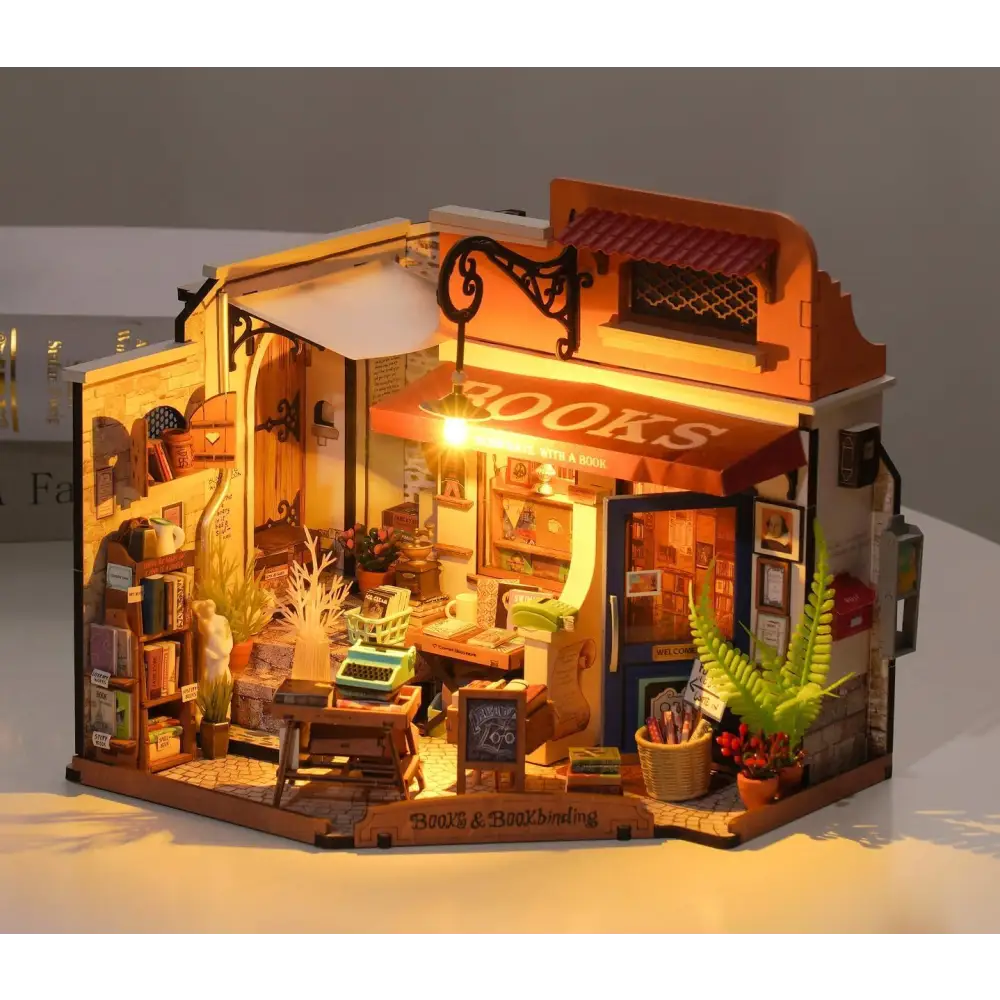 ROBOTIME DIY Miniature Corner Bookstore – 3D Wooden Dollhouse Puzzle Kit with 108 Pieces & LED Lights, Vintage Street Design for Adults & Kids - LauBelle