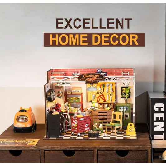 ROBOTIME DIY Miniature House Kit Garage Workshop With Light, Wooden Dollhouse Model Building Kit - LauBelle Brand