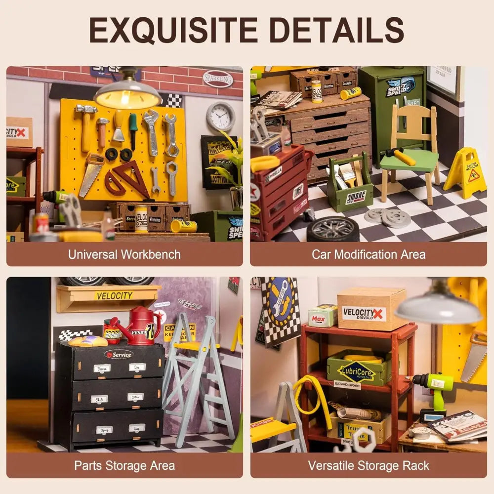 ROBOTIME DIY Miniature House Kit Garage Workshop With Light, Wooden Dollhouse Model Building Kit - LauBelle Brand