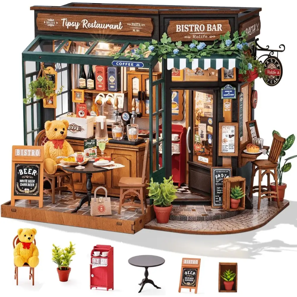 Rolife DIY Miniature House Kit – Tipsy Restaurant Wooden Model Building Set for Adults, Home & Desk Decoration, Bookshelf Craft Kit - LauBelle