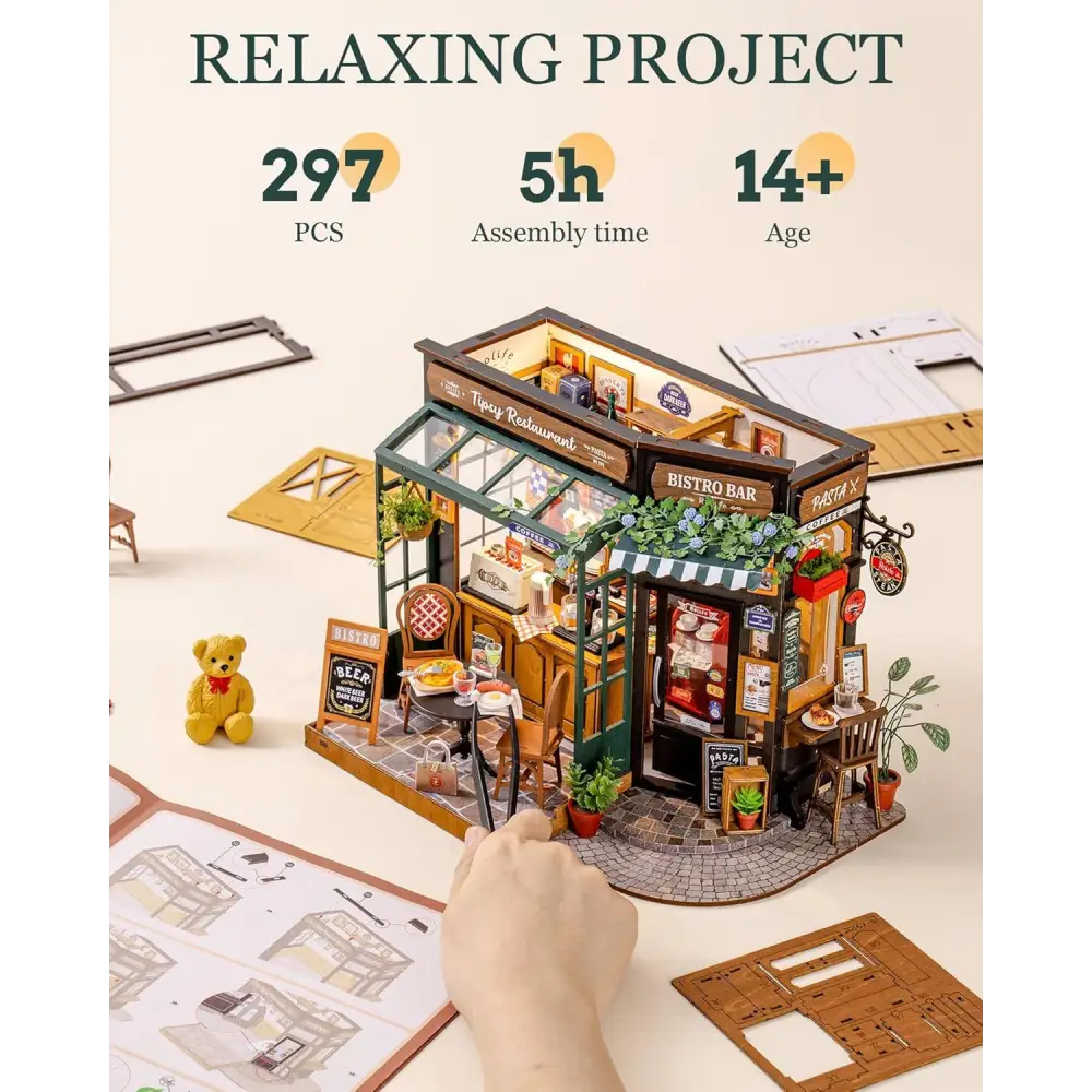 Rolife DIY Miniature House Kit – Tipsy Restaurant Wooden Model Building Set for Adults, Home & Desk Decoration, Bookshelf Craft Kit - LauBelle Brand