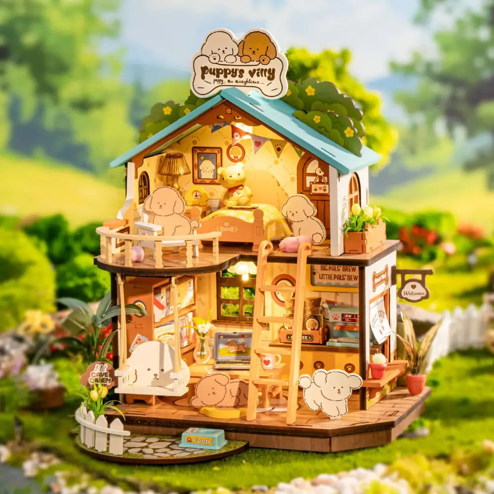 Robotime DIY Miniature Dollhouse Kit – Puppy's Cozy Villa with LED Lights, Furniture & Wooden Model for Adults & Kids, Creative DIY Gift - LauBelle Brand