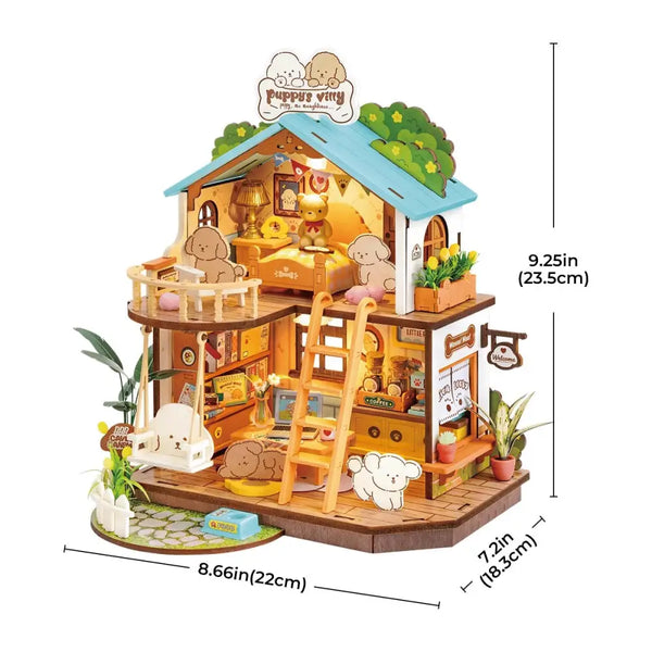 Robotime DIY Miniature Dollhouse Kit – Puppy's Cozy Villa with LED Lights, Furniture & Wooden Model for Adults & Kids, Creative DIY Gift - LauBelle