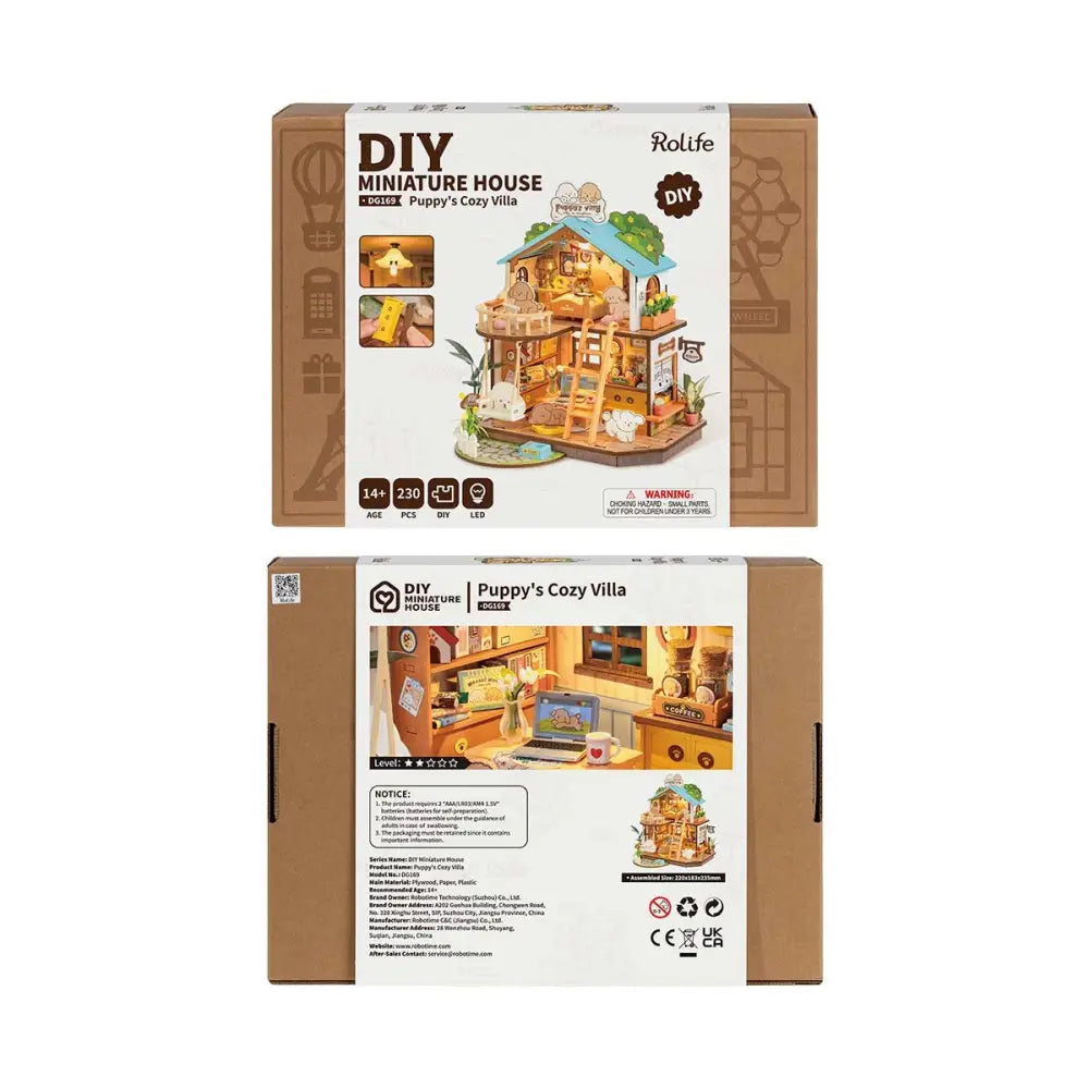Robotime DIY Miniature Dollhouse Kit – Puppy's Cozy Villa with LED Lights, Furniture & Wooden Model for Adults & Kids, Creative DIY Gift - LauBelle Brand